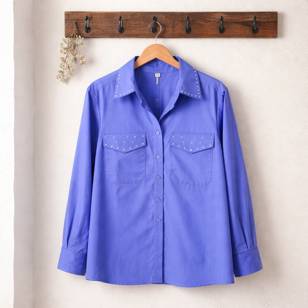 Royal Blue Studded Button-Up Blous
