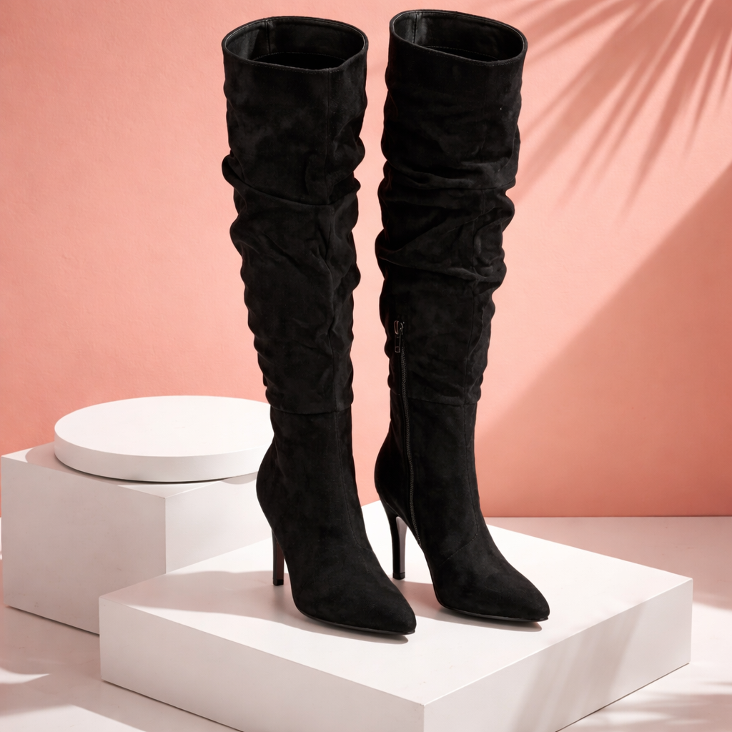 Luxe Black Suede Knee-High Boots.