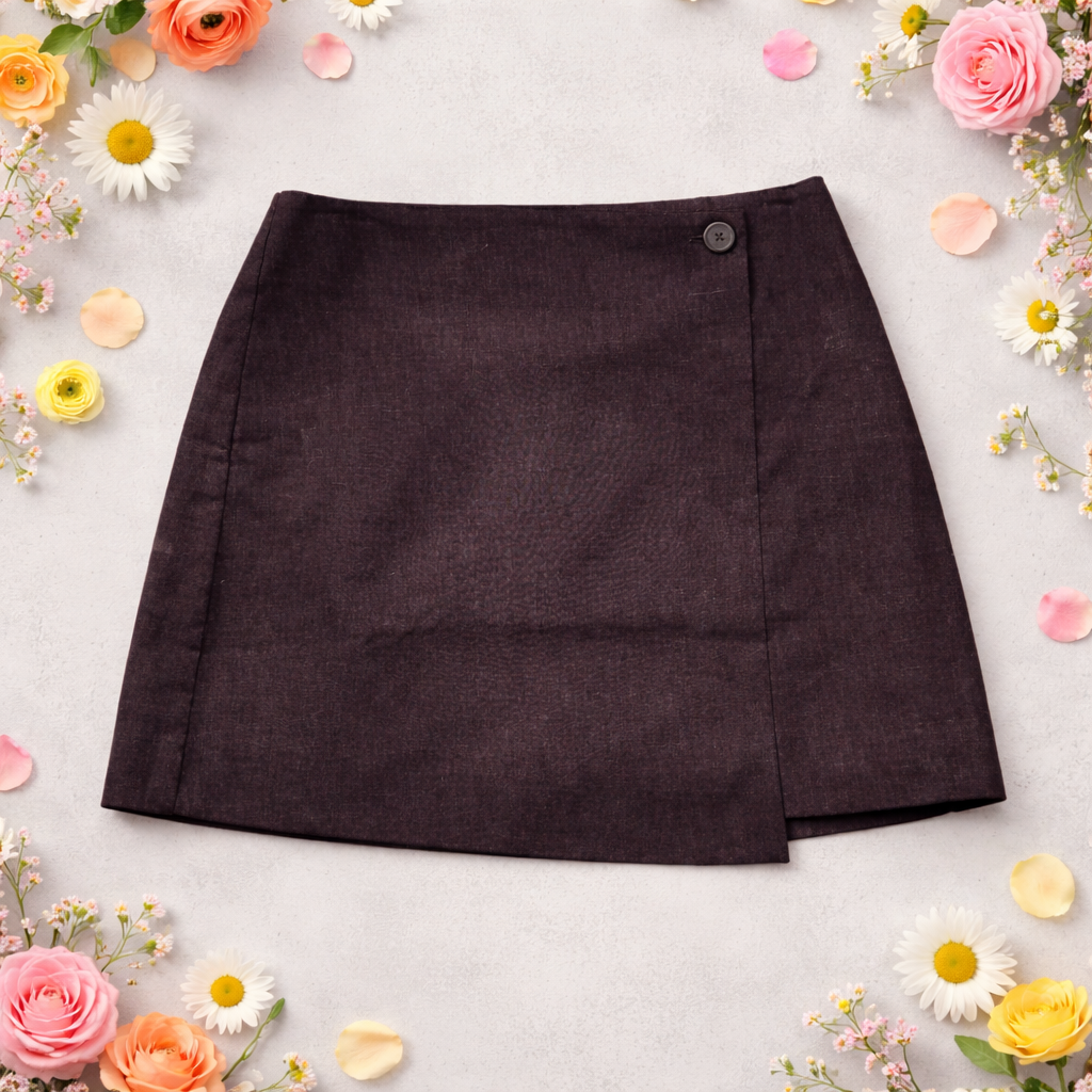 Calvin Klein Linen Blend Wrap Mini Skirt – Dark Brown/Black