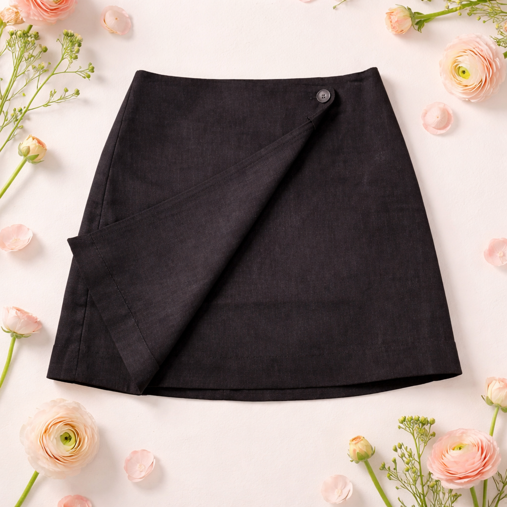 Calvin Klein Linen Blend Wrap Mini Skirt – Dark Brown/Black