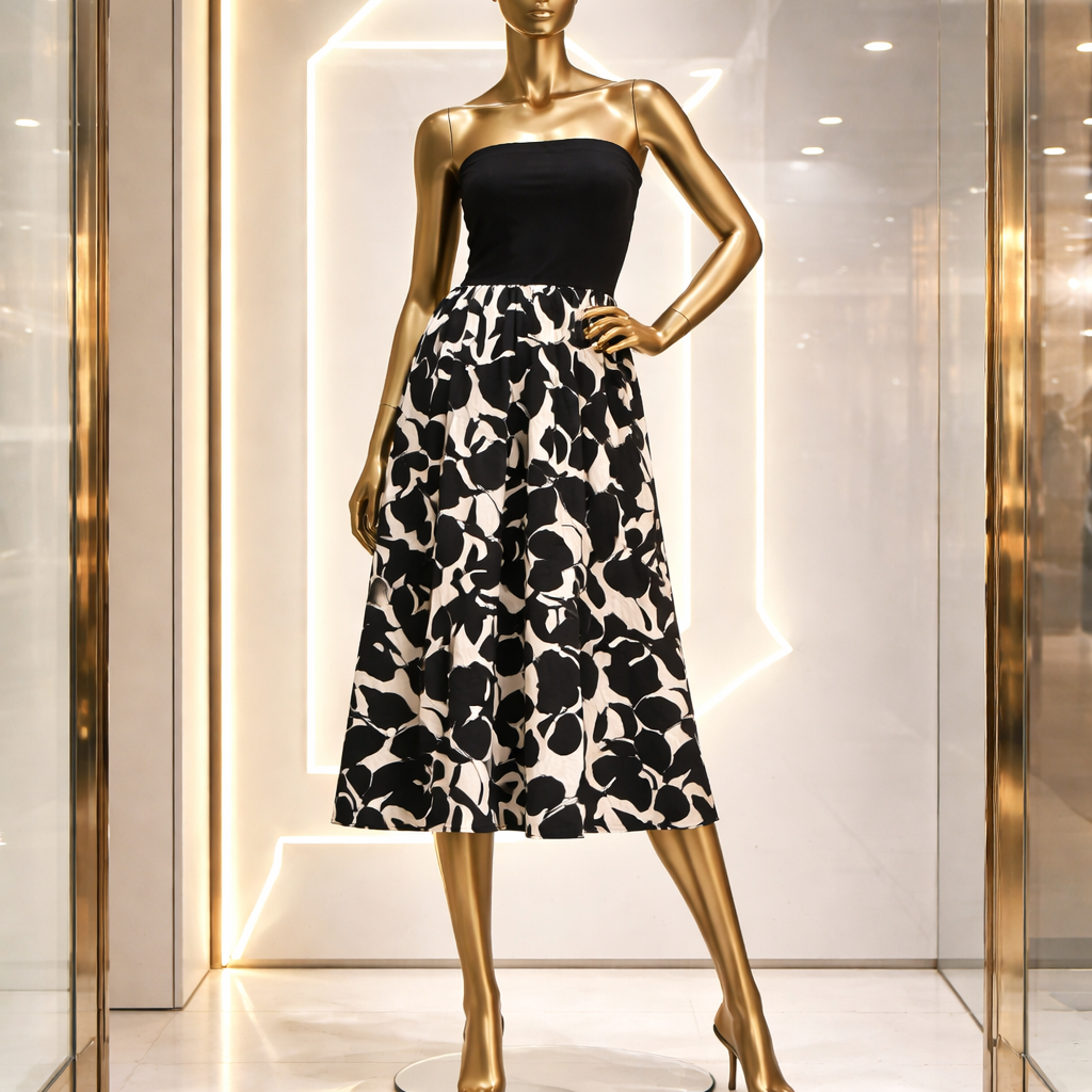Elegant Monochrome Strapless Midi Dress