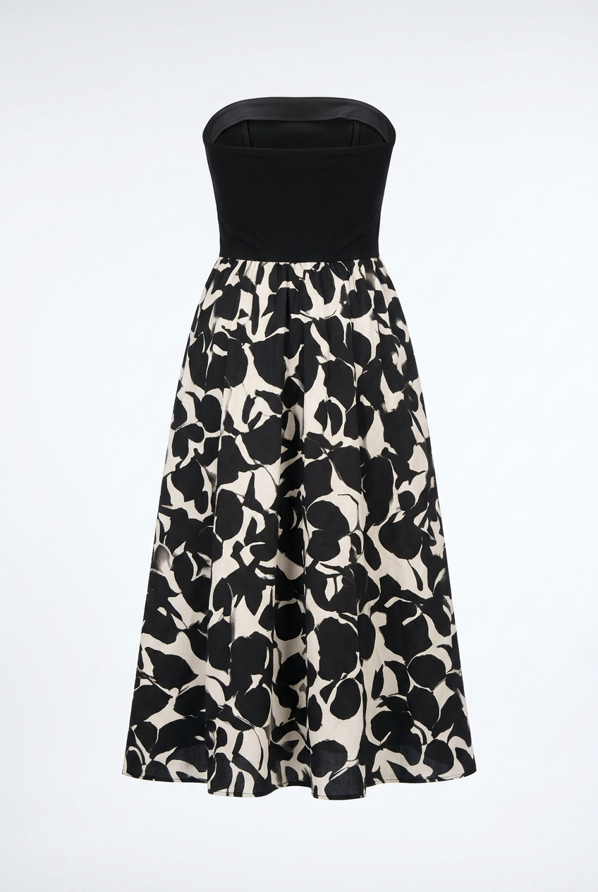 Elegant Monochrome Strapless Midi Dress