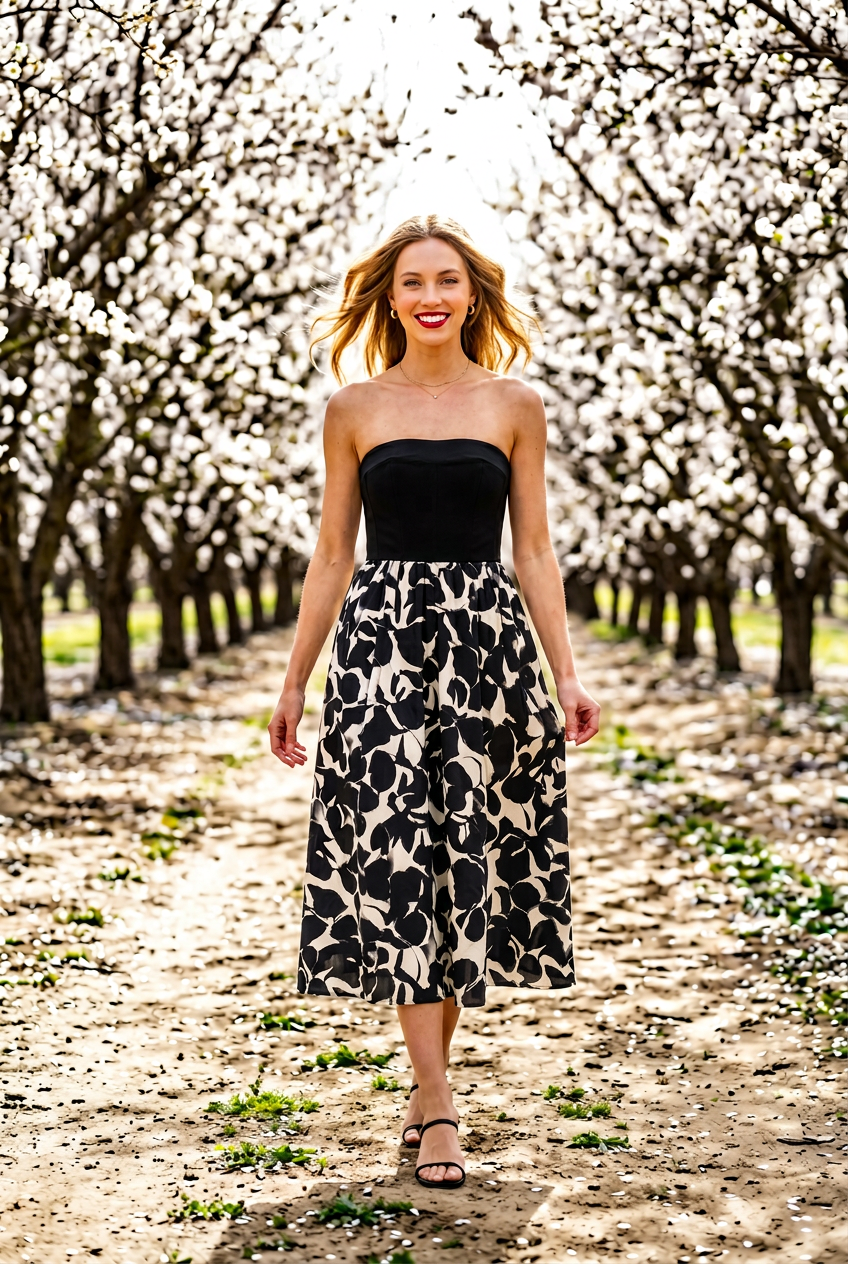 Elegant Monochrome Strapless Midi Dress
